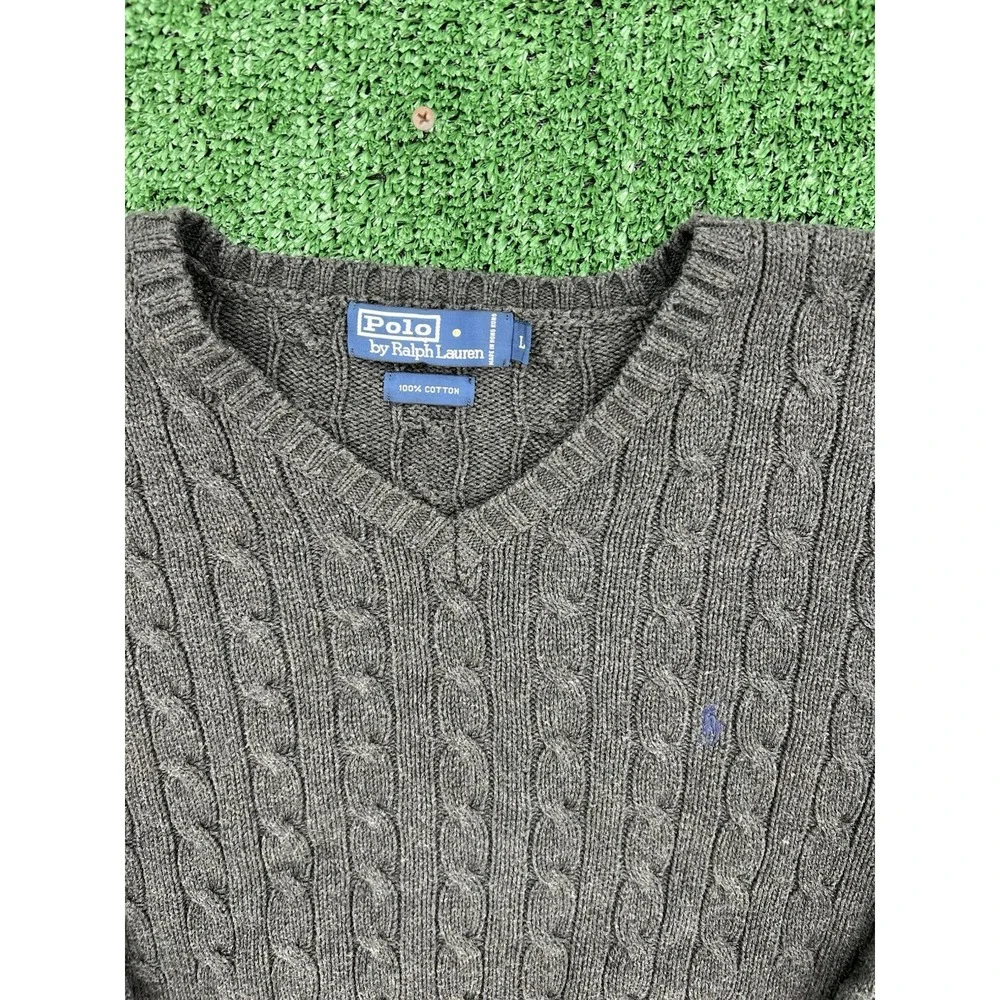 Vintage Polo Ralph Lauren Cable Knit Sweater Men L Grey V Neck Pony Cotton